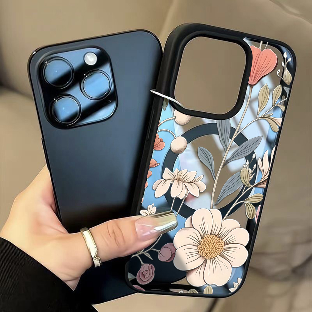 Phone Cases Iphone 16 - Custodia Nera Floreale Anti-caduta per iPhone