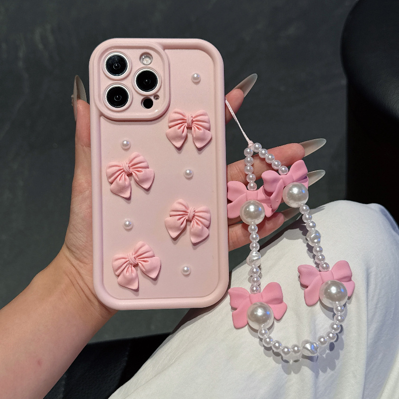 Phone Cases With Charms - Custodia Morbida Rosa con Fiocco e